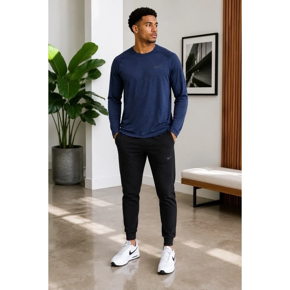 SIZE  L- NIKE MEN'S DRI-FIT BLUE HEATHER HIDROGUARD LONG SLEEVE TEE/SWOOSH LOGO